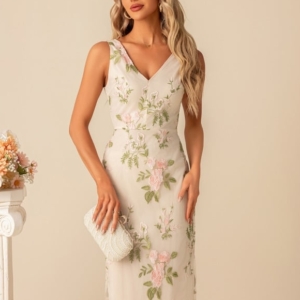 Robe Moulante Fleurie Beige