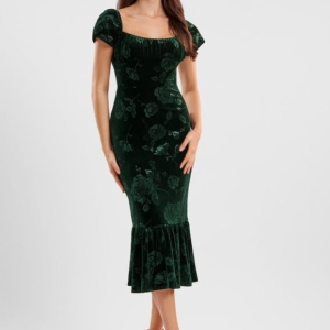 Robe Moulante Velours Émeraude Florale
