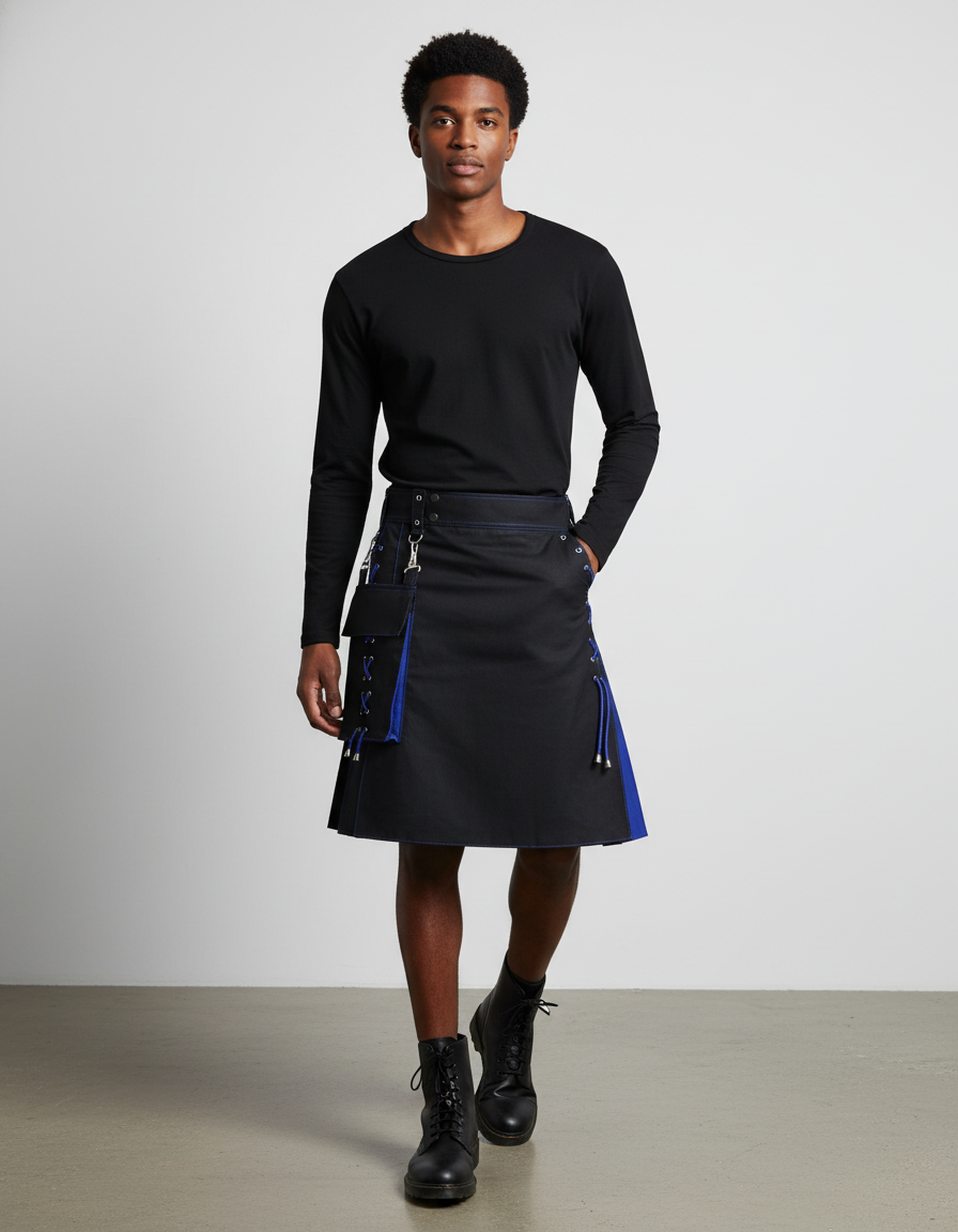 Mens Pocket Tie Rope Scottish Skirt 2024 New Genderless Casual Fashion Medieval Retro Steampunk Contrast Color Skirt Unisex