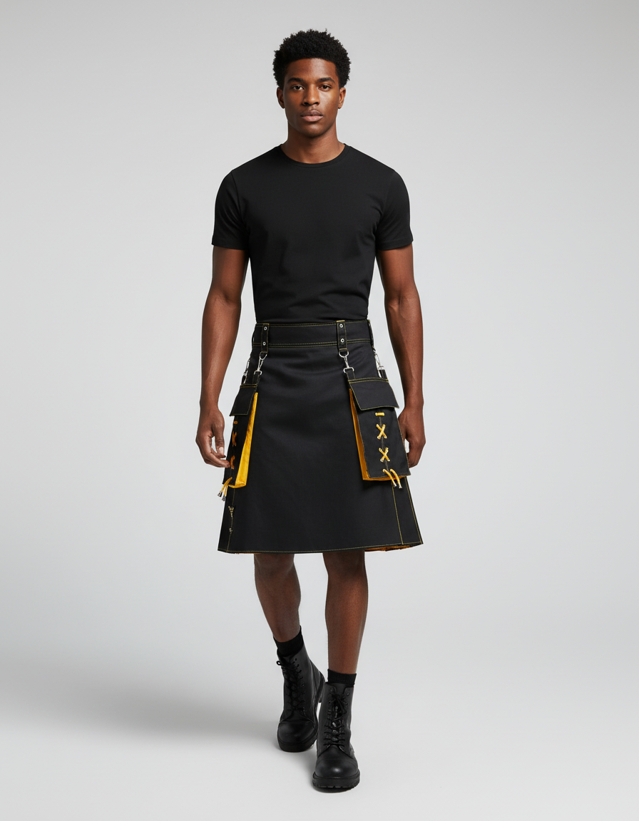 Mens Pocket Tie Rope Scottish Skirt 2024 New Genderless Casual Fashion Medieval Retro Steampunk Contrast Color Skirt Unisex