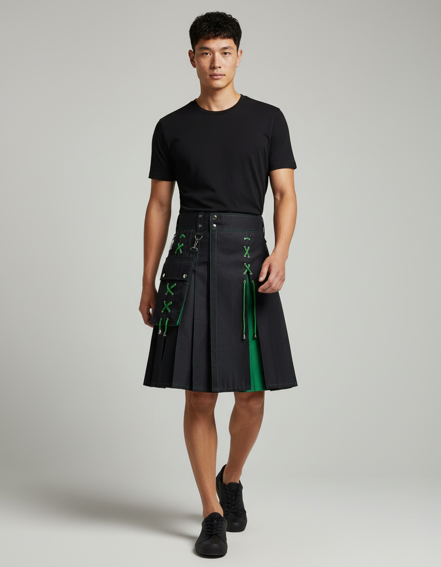 Mens Pocket Tie Rope Scottish Skirt 2024 New Genderless Casual Fashion Medieval Retro Steampunk Contrast Color Skirt Unisex