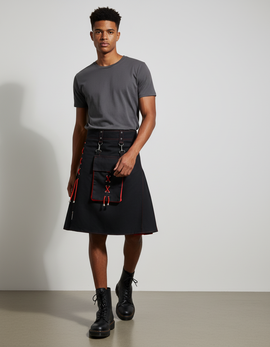 Mens Pocket Tie Rope Scottish Skirt 2024 New Genderless Casual Fashion Medieval Retro Steampunk Contrast Color Skirt Unisex