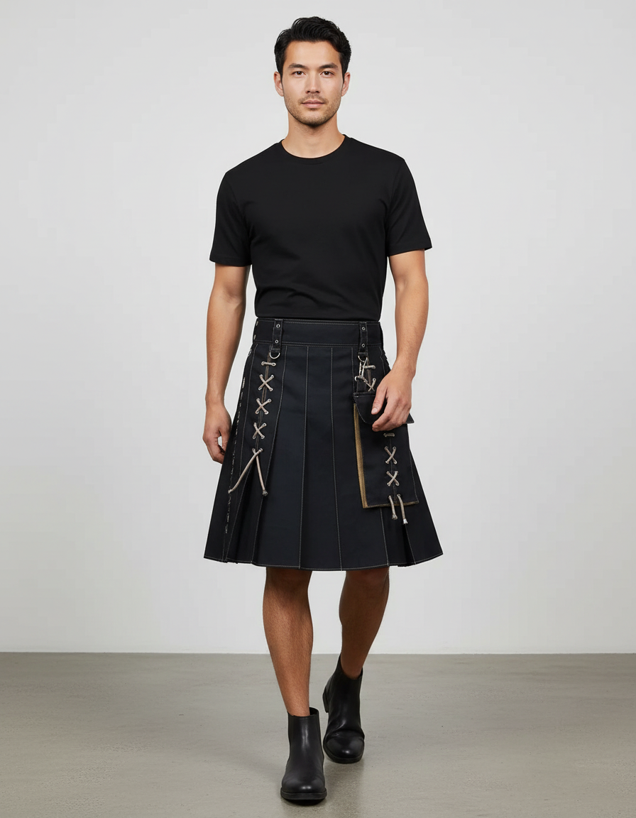 Mens Pocket Tie Rope Scottish Skirt 2024 New Genderless Casual Fashion Medieval Retro Steampunk Contrast Color Skirt Unisex