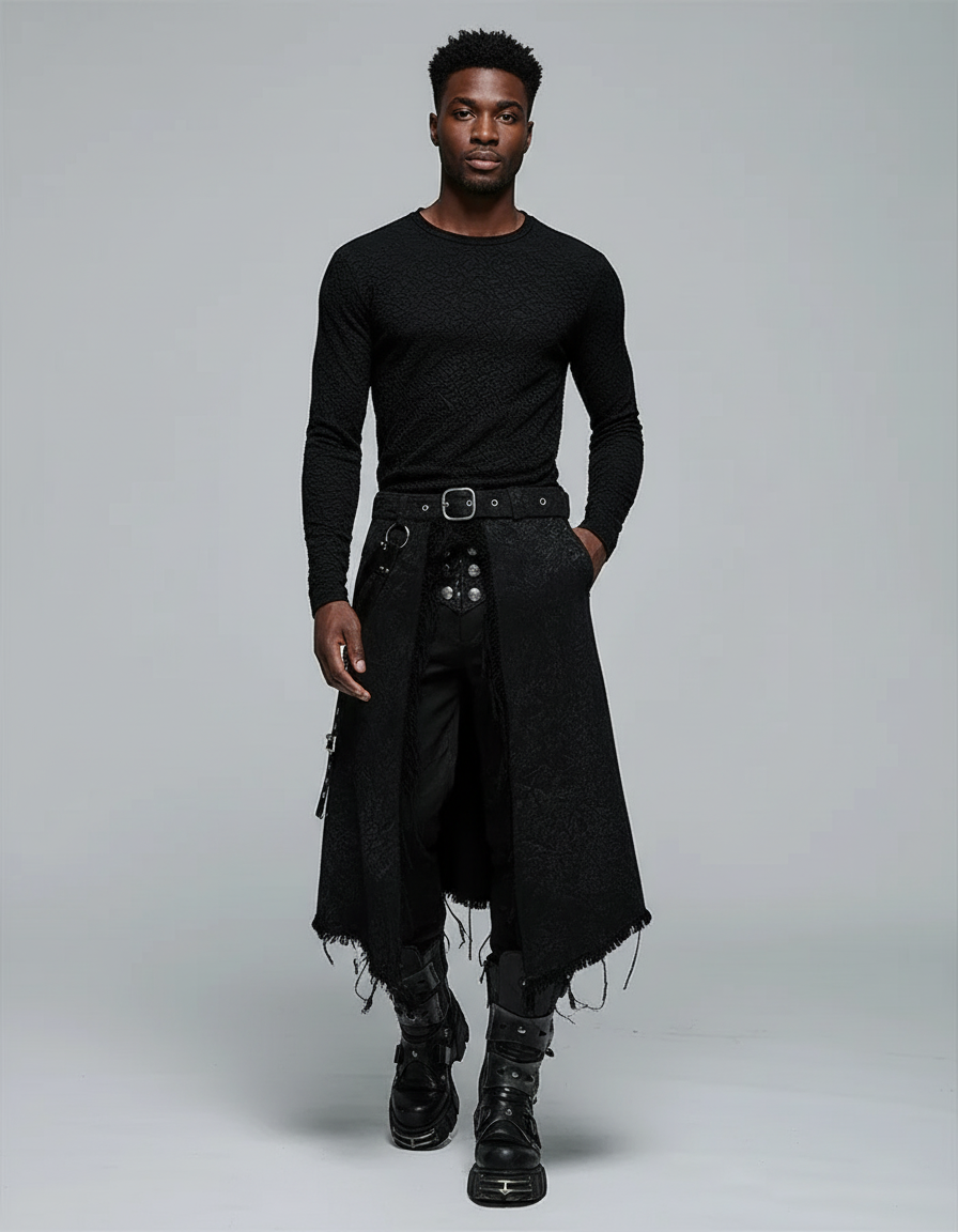 PUNK RAVE Men's Gothic Dark Textured Printed Stylish Kilt Decorated Which Is Detachable Leather Loop Party Club Men Skirts Pants