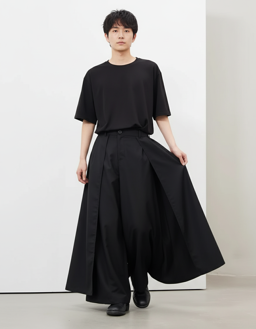 New Spring And Summer Men's Solid Color Double-Layer Wide-Leg Skirt Pants Retro Fashion Trend Simple Loose Oversize Mens Bottoms