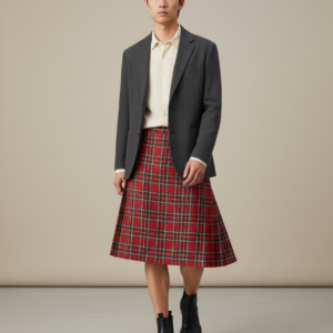 Mens Fashion Casual Retro Scottish Style Plaid Contrast Waistband Pleated Skirt 4