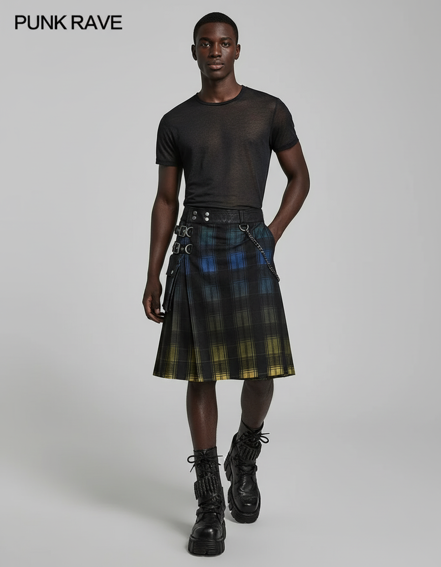 PUNK RAVE Men's Punk Style Gradient Scottish Kilt Skirt Pressed Pleat Men Clothing Streetwear Spring and Autumn