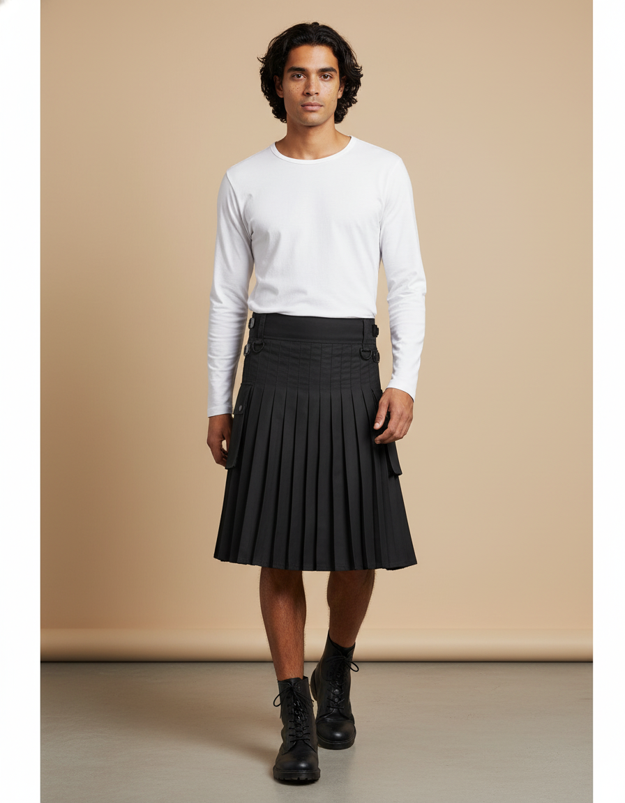 Mens Gothic Punk Plaid Skirt with Medieval Metal Pleated Design for Rave Cosplay and Alternative Fashion Events