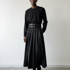 Men Fashion Hip Hop Pleated Skirt With Belt Gothic Vinatge Black Pantskirt Harajuku Casual Long Skirts For Women