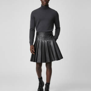 Men Scottish Traditional Pleated Skirt Fashion Scottish Style Leather Belt Solid Color Pleated Skirt Fashion Casual Men Skirt