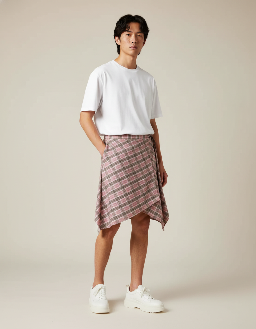 Unisex Layered A Line Wrap Skirt Hiphop Street Dance Checkered Hip Scarf Tie Up Asymmetrical Overskirt Shirt Extender