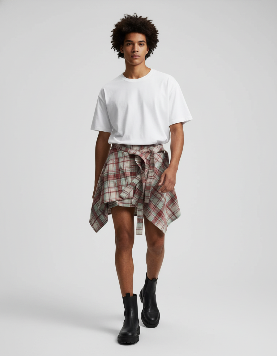 Unisex Layered A Line Wrap Skirt Hiphop Street Dance Checkered Hip Scarf Tie Up Asymmetrical Overskirt Shirt Extender