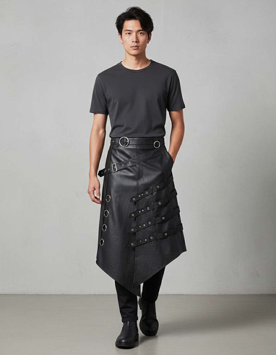 Asymmetric Design Gothic Vintage Hip Hop Punk Pantskirt Men Metal Eyelet Decorate Techwear Style Skirt Cosplay Culotte