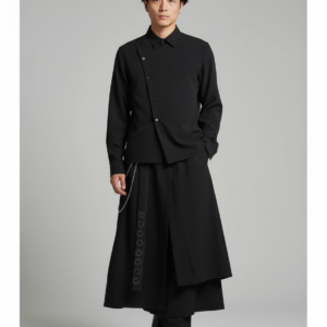 Mens Gothic Culottes Irregular Double Layer Japanese Samurai Skirt Ribbon Chain Loose Casual Hakama Pants Men'S Clothing Unisex