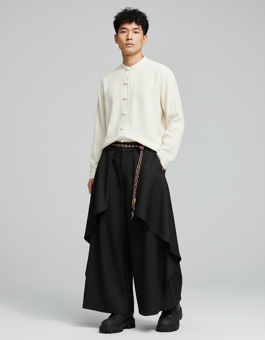 Japanese Man Pants Y2K Layered Pleated Harajuku Irregular Dark Culottes Street Personality Versatile Casual Pants Skirt Unisex
