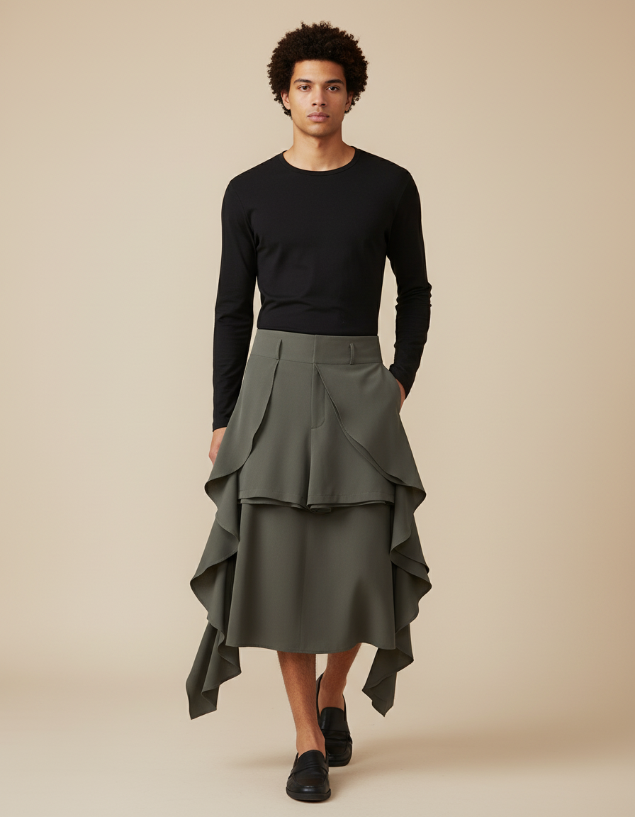 INCERUN Men Ruffles Skirts Loose Shorts Solid Color Casual Men Bottoms Streetwear Short Pant Fashion Trouser Male Oversize S-5XL