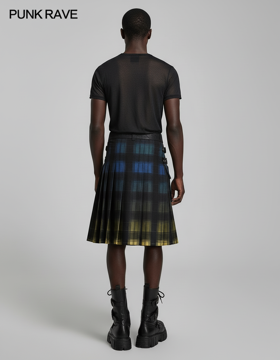 PUNK RAVE Men's Punk Style Gradient Scottish Kilt Skirt Pressed Pleat Men Clothing Streetwear Spring and Autumn - gallery 1